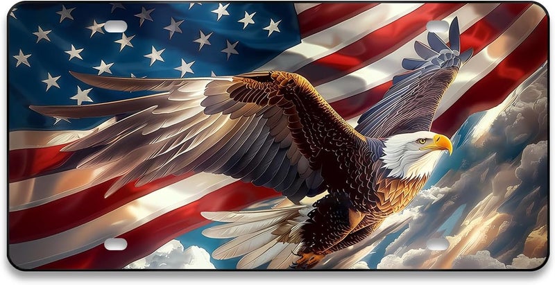 MCIAONE Front License Plate Cover - License Plate with American Flag & Eagle, Aluminum Decorative License Plates, Patriotic Novelty Vanity Tag, Car Decor Accessory with 4 Holes, 6×12 inch Car Plates Decor - Image 1
